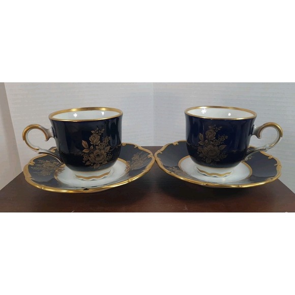 MZ Czech Republic Underglaze Cobalt 2 Piece Fine Porcelain 24k Gold Cup & Saucer - Picture 1 of 10